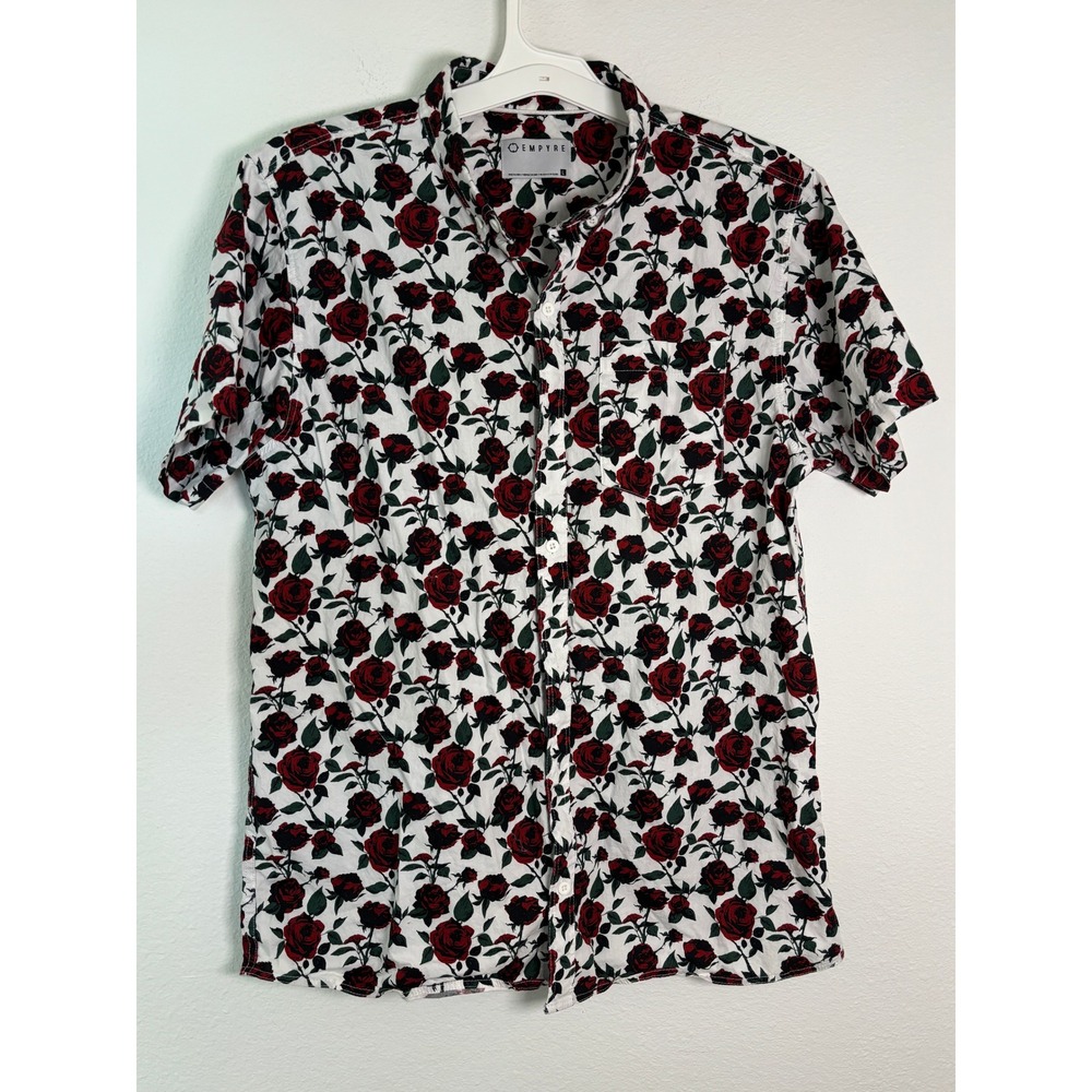 Empyre Mens Large Rose Floral Button Up Shirt Short Sleeve White Red Casual